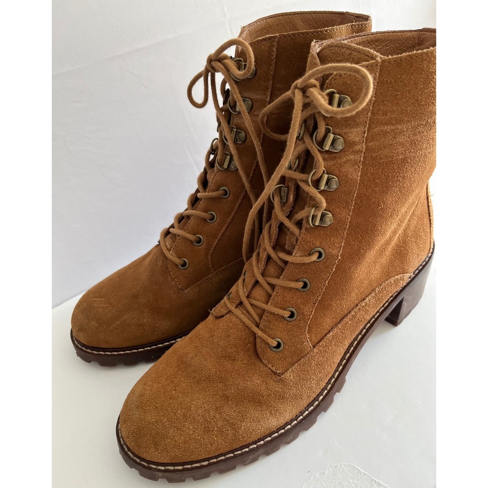 Madewell Tan Suede Lace Up Lug Sole Block Heel Boots